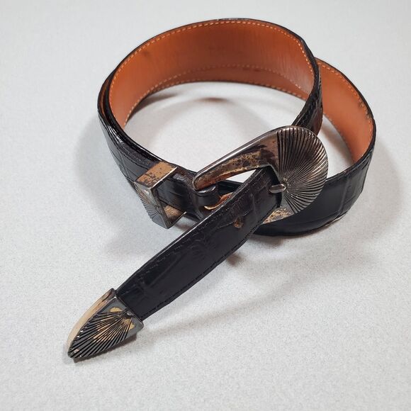 Vintage ONYX by Brighton Women’s Leather Belt Black 32 Western Croc Embossed - Picture 1 of 10